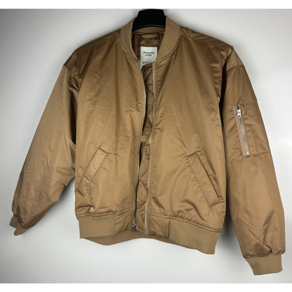 NWT Abercrombie & Fitch Flight Jacket Bomber Style Tan Beige Zip Unisex Small - Picture 2 of 10